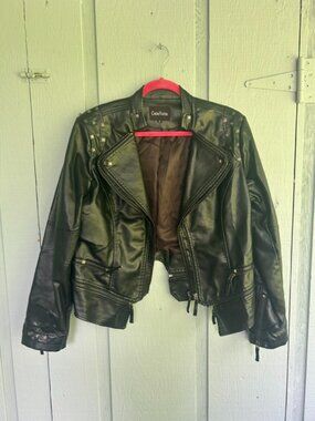 GOU YATOU Faux Leather Moto Jacket – Black Studded Biker Jacket – Women's XL